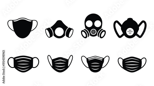 Medical face mask vector icon set, corona virus protection, simple respiratory masks, gas masks, flat design