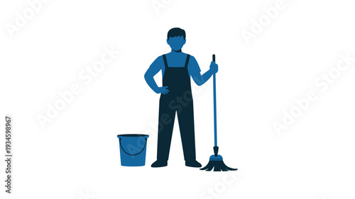 Janitor with mop and bucket vector icon, cleaning service worker, professional cleaner illustration