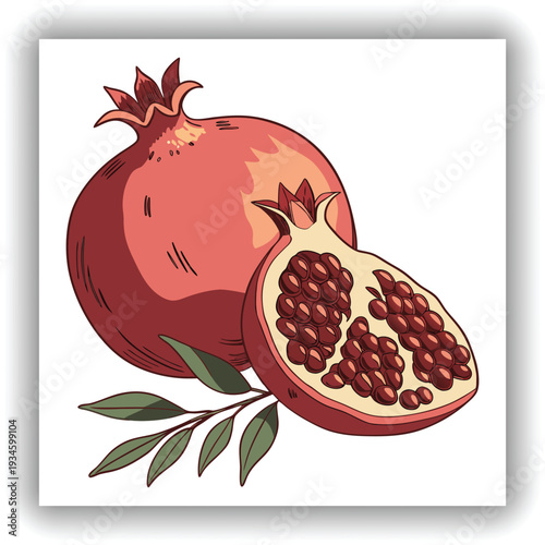 A close-up, studio-style shot features a ripe pomegranate fruit, the main subject, set against a stark white background. The pomegranate is a vibrant red hue with subtle gradients of pink and orange, 