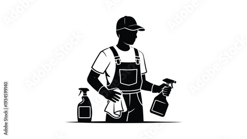 Silhouette of janitor holding cleaning spray bottles and cloth for disinfection tasks