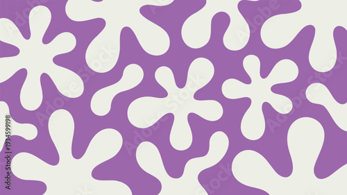 Vibrant purple background with playful white abstract shapes and elements