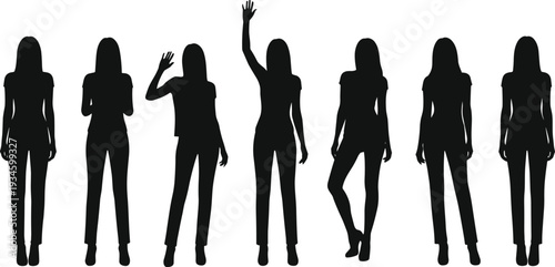 Silhouette woman standing poses, female body posture collection, black figure gestures, abstract lady outline, fashion model stance, body language illustration, design element