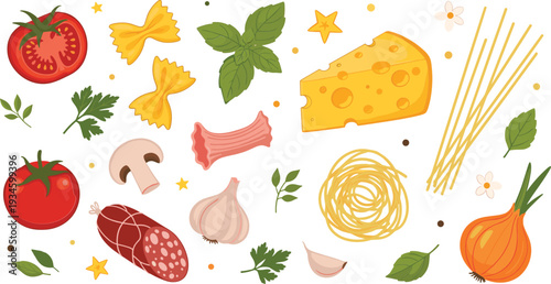 Italian Pasta Ingredients Collection with Spaghetti Cheese Tomato Garlic Onion and Herbs Vector Illustration Set