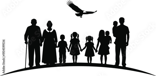 Silhouette, family, community, people, children, parents, grandparents, unity, diversity, generation, eagle, freedom, protection, nature, hill, earth, group, togetherness, support, illustration