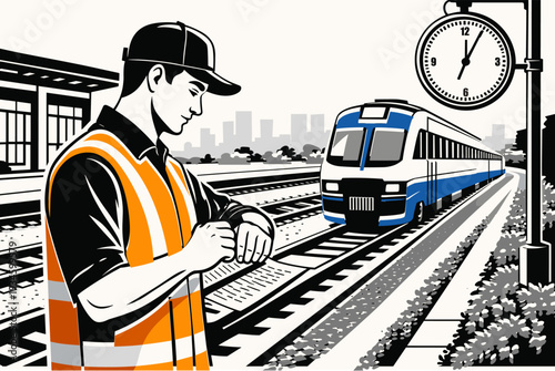 Railway Inspector Checking Schedule. Railway worker inspecting schedule at platform.