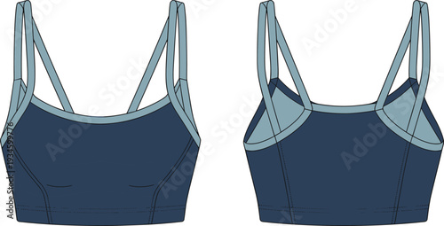 Sports bra front back, technical flat sketch, scoop neckline, crisscross straps, athletic wear design, stitching detail, apparel template, fitness top