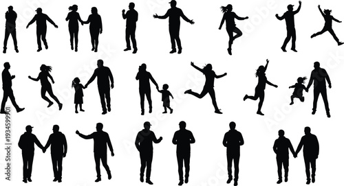 Silhouette, people, walking, running, jumping, dancing, children, adults, interaction, motion, teamwork, play, abstract, black, pose, activity, group, dynamic, lifestyle, human