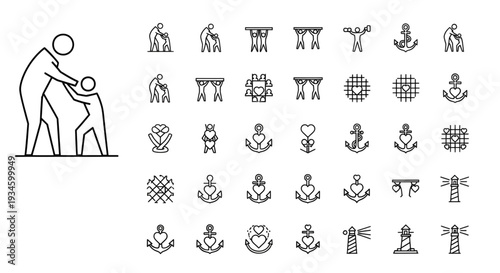Elderly person helping child, anchor, heart and lighthouse icons set for care support and guidance