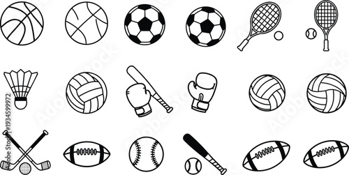 Sports equipment icons set with basketball, soccer, tennis, badminton, baseball, boxing, volleyball, hockey, cricket, football