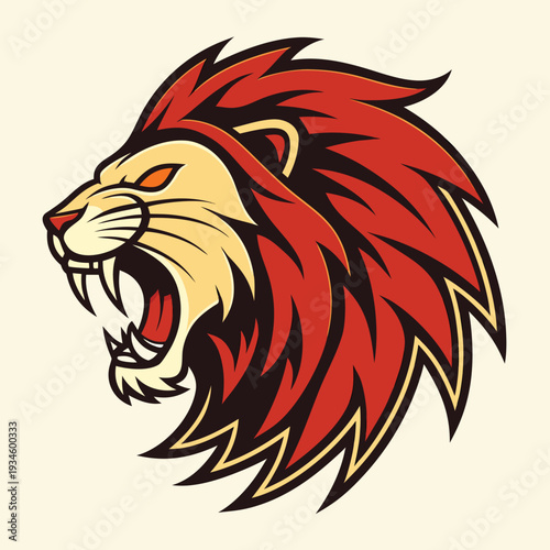 Vector roaring lion head icon, red mane, yellow and black details