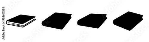 Four black books in a row, stacked and lying flat, vector illustration