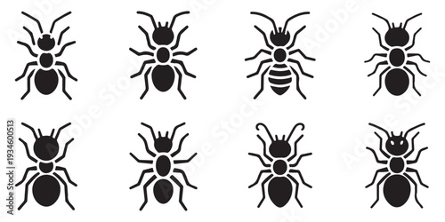 Collection of eight different black ant icons or symbols, isolated on a clean white background
