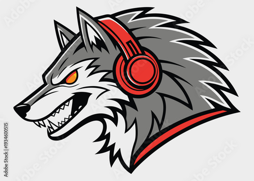 Vector illustration of wolf head wearing red headphones