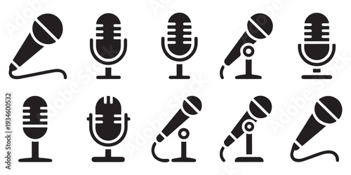 Set of ten vector microphones in various shapes, simple design elements for audio recording icons