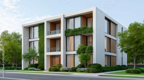 Modern eco friendly apartment building with green facade and landscaped garden in suburban neighborhood. Scene reflects real estate development, sustainable architecture and urban housing investment.