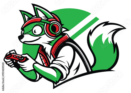 Vector illustration of a raccoon wearing gaming headset and holding controller