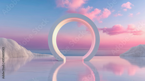 Abstract neon ring structure standing over calm ocean at pink sunset horizon. Concept of innovation and virtual reality aesthetics.
