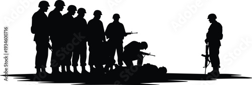 Silhouette soldiers, military squad, battlefield scene, armed men, war illustration, army group, rifle aim, combat action, dramatic wartime, execution