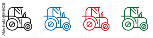 Four colorful tractor icons in flat design style for farming agriculture vector illustration set