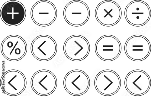 Mathematical symbols icons set, calculator operation signs, plus minus multiply divide, percentage and equal buttons, vector line graphics, educational interface