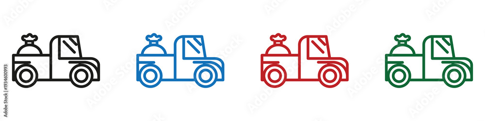 Naklejka premium Four colorful cartoon trucks driving in a row vector illustration set for transportation and logistics themes