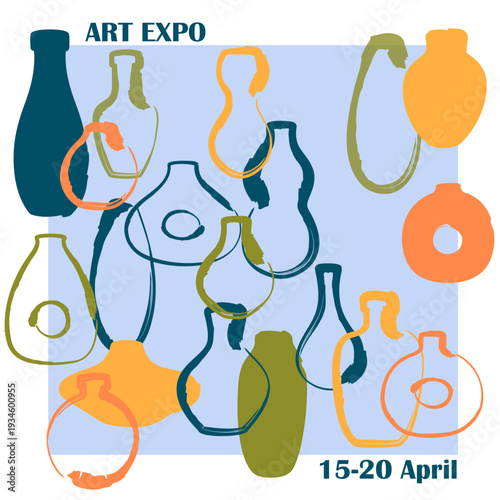 Art expo event poster abstract shapes vibrant design ceramic vazes organic composition