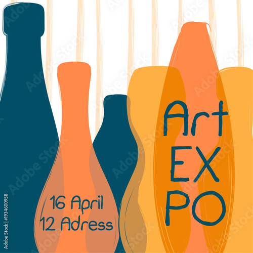 Fotografie Art EXPO Poster with Abstract Layered Bottle Illustrations and Hand-Drawn Textur