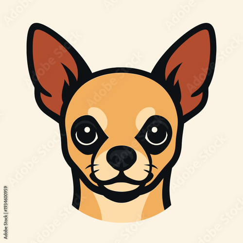 Cartoon illustration of a smiling Chihuahua's face with big eyes and pointy ears on a plain beige background.