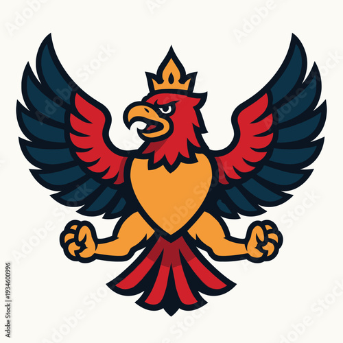 Illustration of a stylized eagle with a crown on a white background, featuring vibrant red, orange, and black colors.