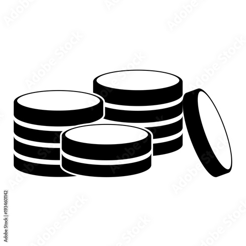 Black silhouette icon set of stacked coins with vertical and leaning arrangements isolated on white background for finance, wealth, and banking concepts.