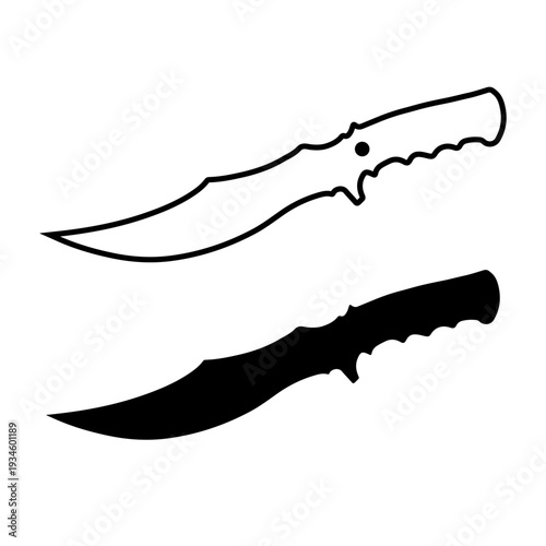 Tactical hunting knife icon set featuring black silhouette and outline versions with a serrated blade and ergonomic handle for outdoor and survival designs.