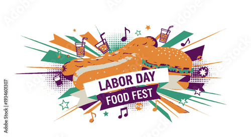 Vibrant labor day food fest graphic with hamburger and drinks on white background