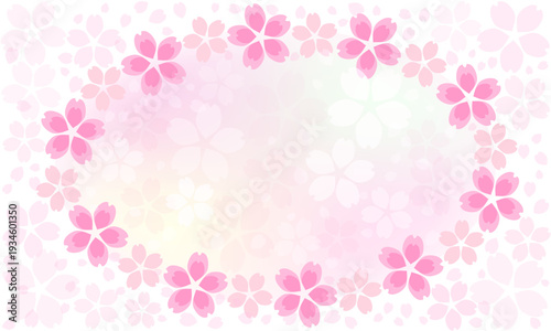 中央にコピースペースがある桜のリースのフレームと花びらが舞う春色のグラデーション背景