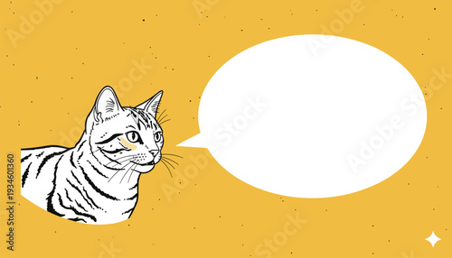 Striped cat illustration with speech bubble, playful design on mustard yellow background, cartoon style artwork for comics, greeting cards, social media