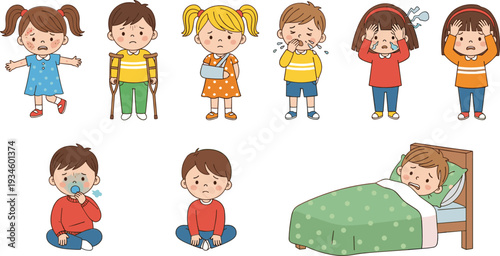 Sad Crying Sick and Injured Children Characters Collection with Different Emotions and Health Problems Vector Illustration