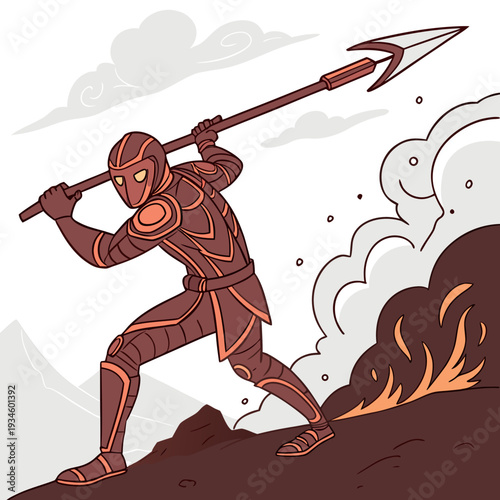 Warrior in ornate fiery armor with spear, poised on a rocky terrain with smoke and embers, fantasy illustration