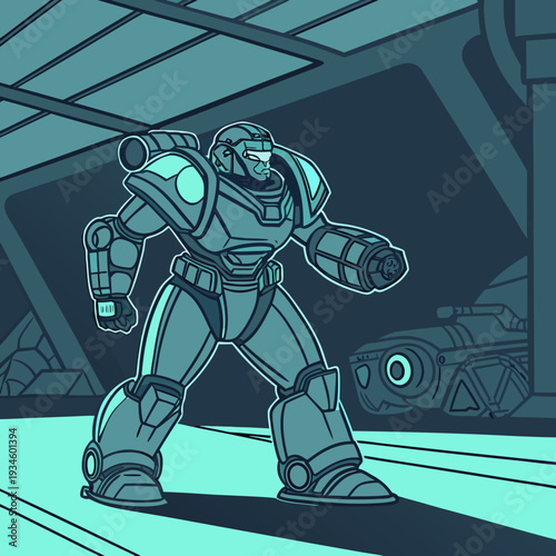 Futuristic power armor soldier standing in a dimly lit sci-fi corridor with advanced vehicle in background