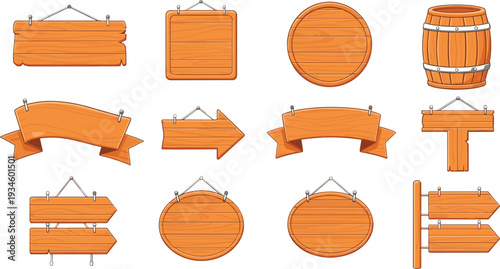 Wooden Signboards and Arrows Collection Cartoon Vector Illustration Set with Rustic Boards and Barrel