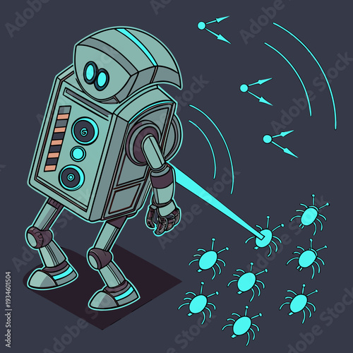 Isometric Robot Dispelling Spider Bots with Laser Beam and Sonic Waves Illustration