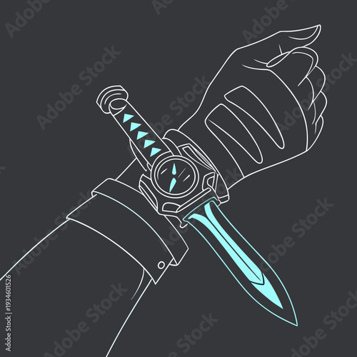 Futuristic Wrist-Mounted Blade with Compass and Glowing Accents Illustration