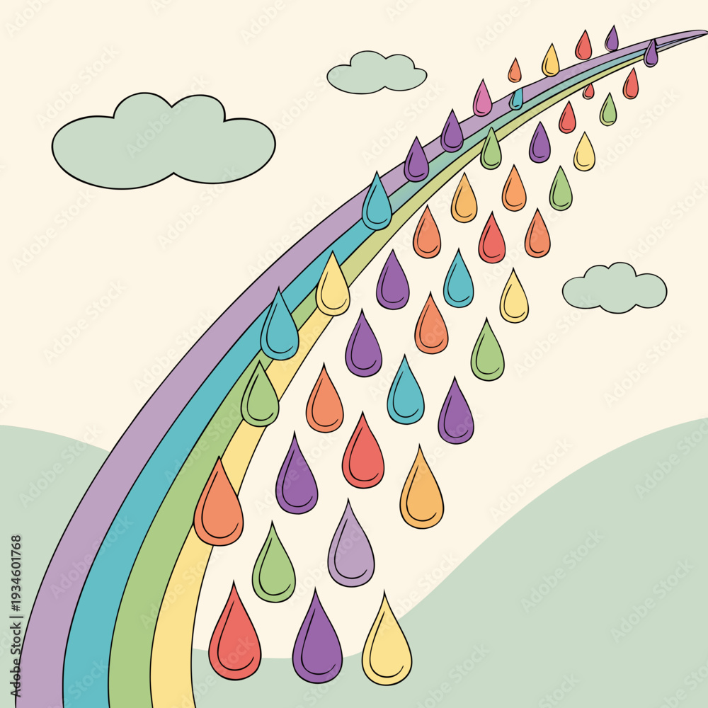 Naklejka premium Whimsical Rainbow Arch with Colorful Raindrops Falling and Gentle Clouds in a Pastel Sky Illustration