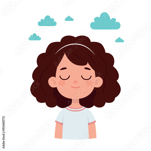 Peaceful Girl Portrait With Closed Eyes, Curly Hair and Dreamy Clouds Overhead