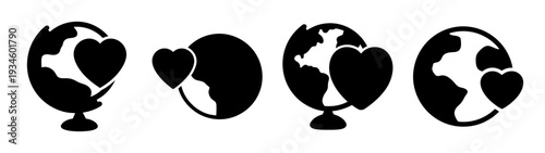Globe with heart icons in various positions, symbolizing global empathy and love, vector illustration