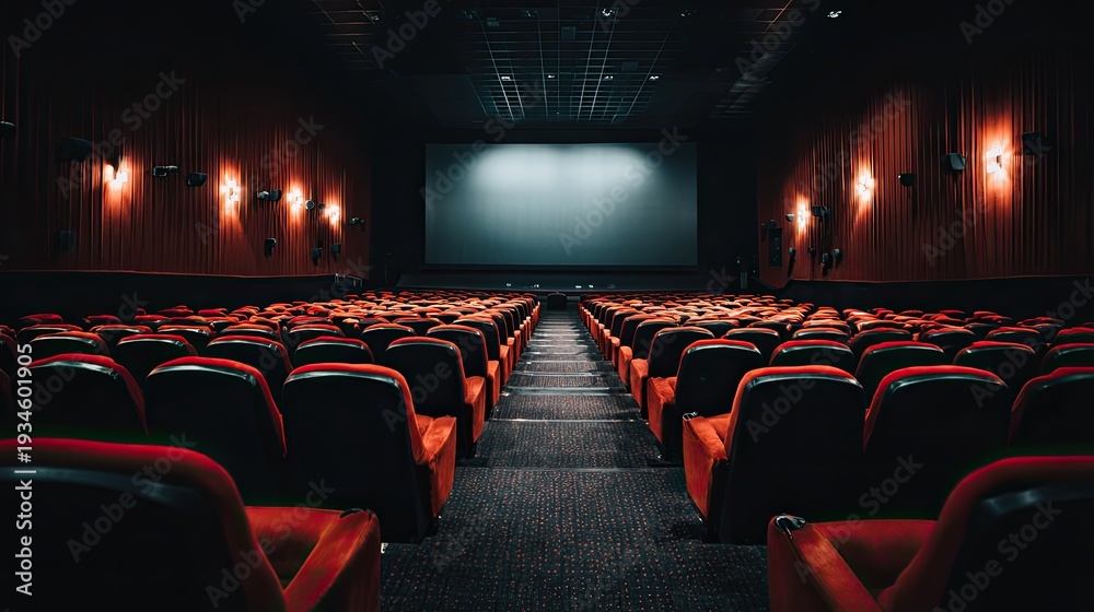 Fototapeta premium An empty cinema hall with rows of red and black seats facing a blank projection screen