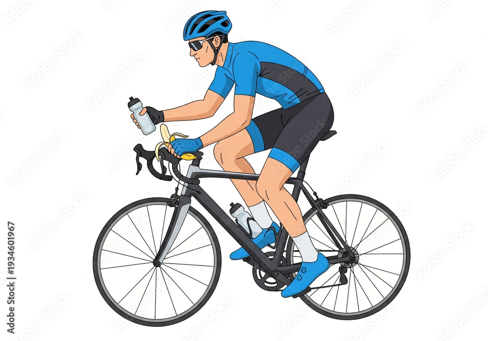 Obraz premium Male Cyclist on Road Bike Holding Water Bottle Illustration. Athlete Riding Bicycle in Blue Sportswear. Man Training for Fitness, Sport & Healthy Lifestyle on White Background.