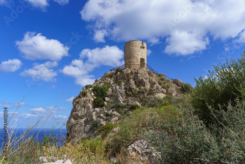 Ancient Torre Bennistra Watchtower Commanding a Panoramic View of the Mediterranean Coast at Scopello, Sicily