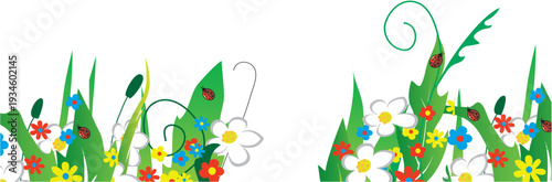 Colorful Cartoon Grass and Wildflowers Border Set — Cute Floral Nature Ground Decoration Vector Illustration on Transparent Background