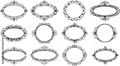 Cute wavy wedding frame, vector hand drawn oval vintage border set. Coquettish celebration design. Elegant classic line decoration background, simple postcard decor. Whimsical invitation frame set26