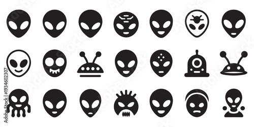 Set of black alien head icons in a row isolated on white background. vector illustration for science