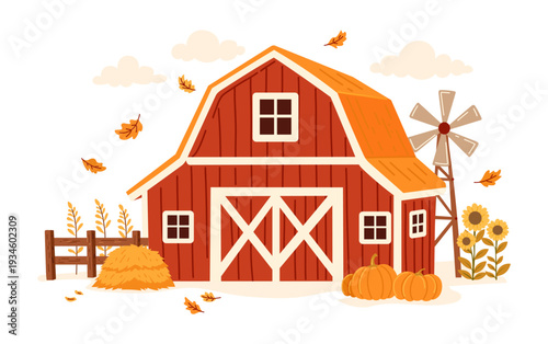 Cute farmhouse red house on a white background in cartoon style. Vector illustration with stable and barn.